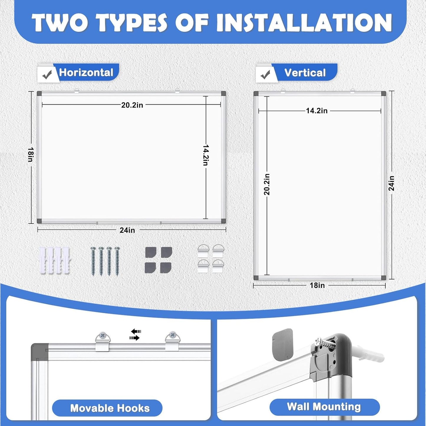 WALGLASS 2 Pack White Board, 24" x 18" Double-Sided Dry Erase White Board for Wall, Hanging Mounted Whiteboard, Horizontal or Vertical Silver Aluminium Frame for Home, School, Office, Kitchen