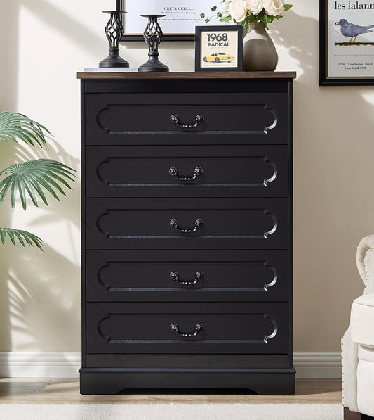 LIDYUK 5 Drawer Dresser for Bedroom Farmhouse Black Wood Chest of Drawers for Bedroom Dresser, Rustic 46" Tall Wide Drawers Dressers Wooden Closet Storage Cabinet, Hallway, Living Room