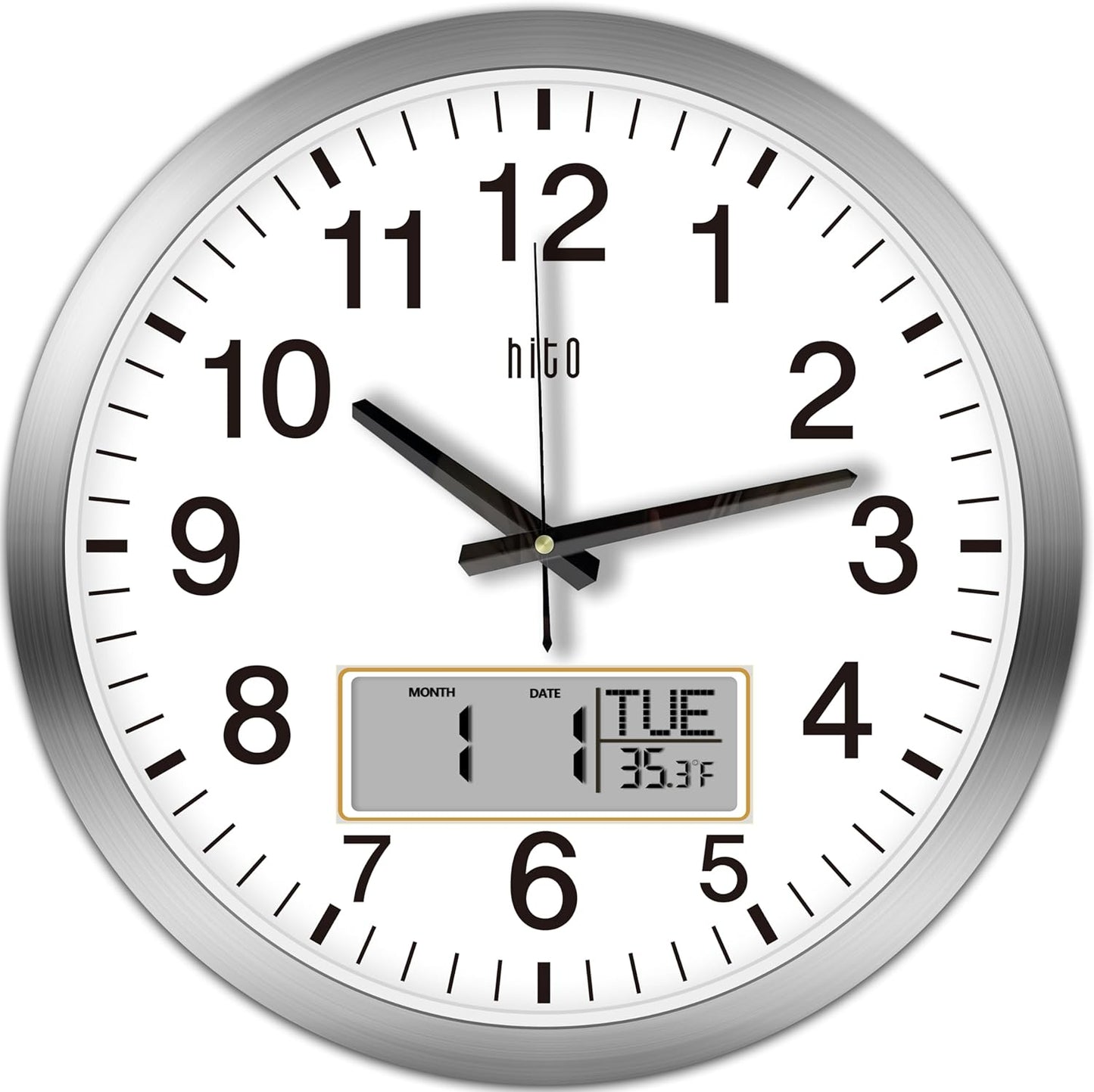 HITO 14 Inch Silent Wall Clock Battery Operated with Temperature and Date, Large Wall Clock for Living Room Decor, Office, Classroom, Bedroom