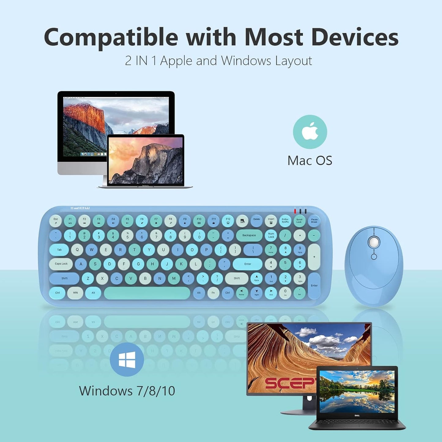 Wireless Keyboard and Mouse Combo, MOWUX - Modern Compact Layout, Colorful Compact Candy Mouse and Retro Round Keyboard Set with Cover, for PC/Laptop/Windows/Mac - Blue Colorful