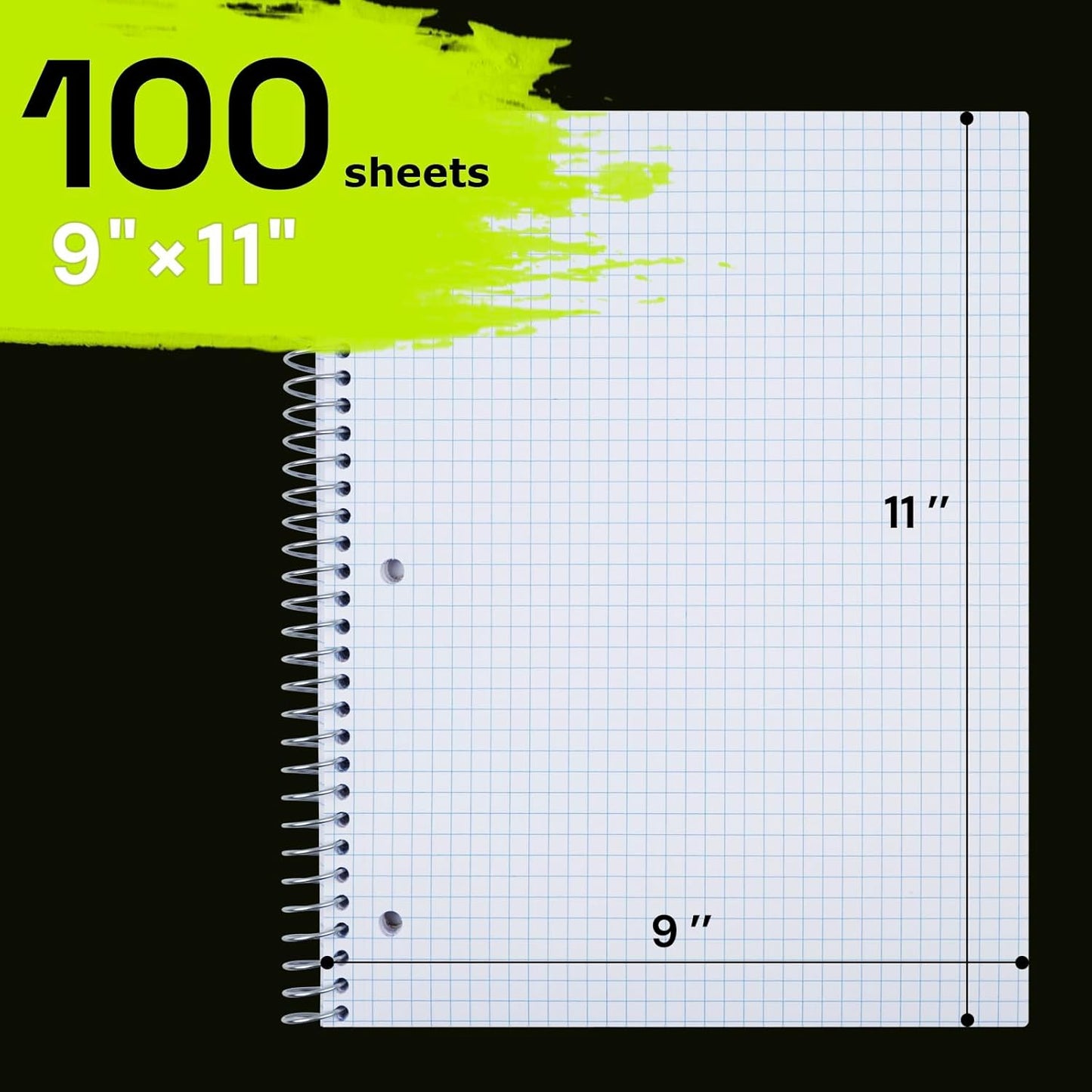 Spiral Notebook for School 3 Pack, 1 Subject, 4x4 Graph Ruled Paper, 100 Sheets, 9" x 11", 1 Divider with Pocket, 3 Hole Punched, Plastic Cover, 1/4" Grid Graphing Note Book Bulk, Prussian Blue