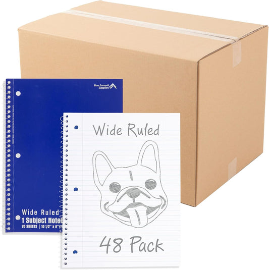 Blue Summit Blue Wide Ruled Spiral Notebooks Bulk, 1 Subject Spiral Notebook Wide Ruled, Paper School Bulk Notebooks, 48 Pack