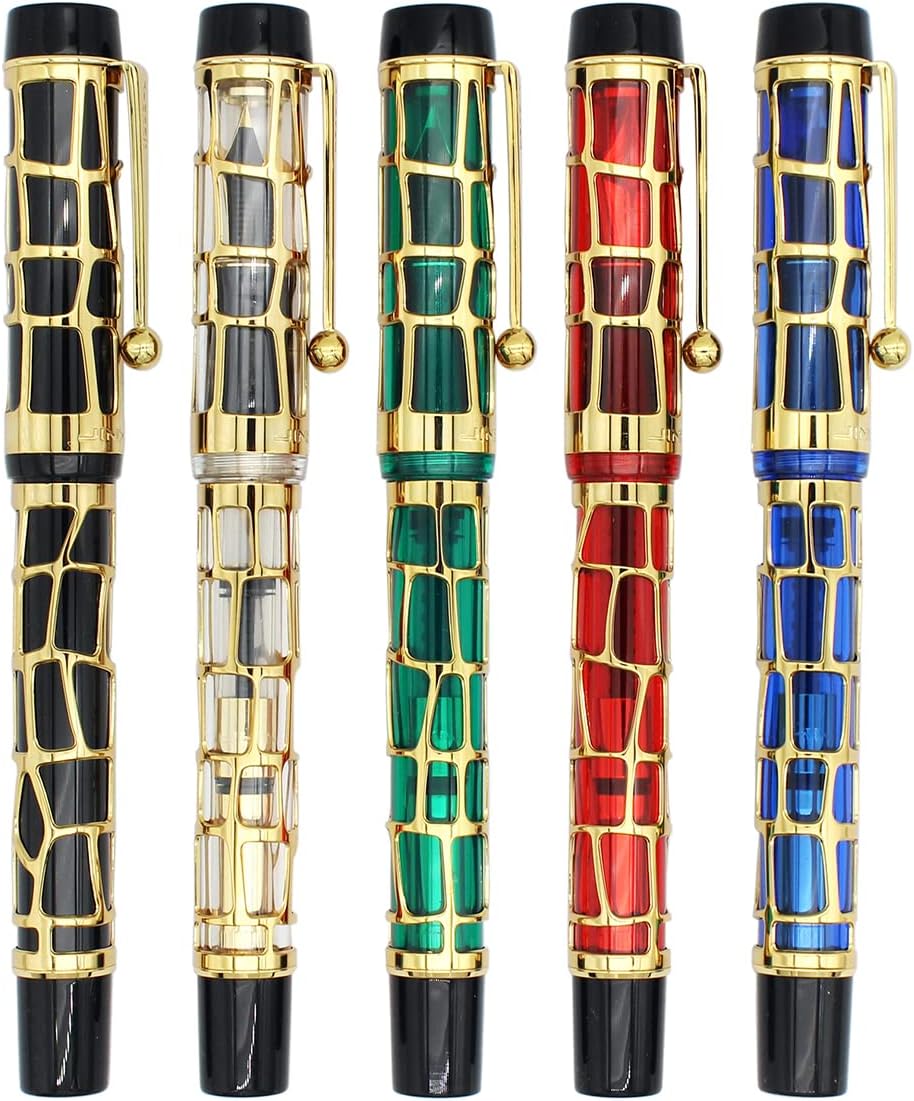 Gullor Century 100 Fountain Pen, Skeleton Hollow-out Series Golden, Screw-Cap, Fine Nib, Transparent Green