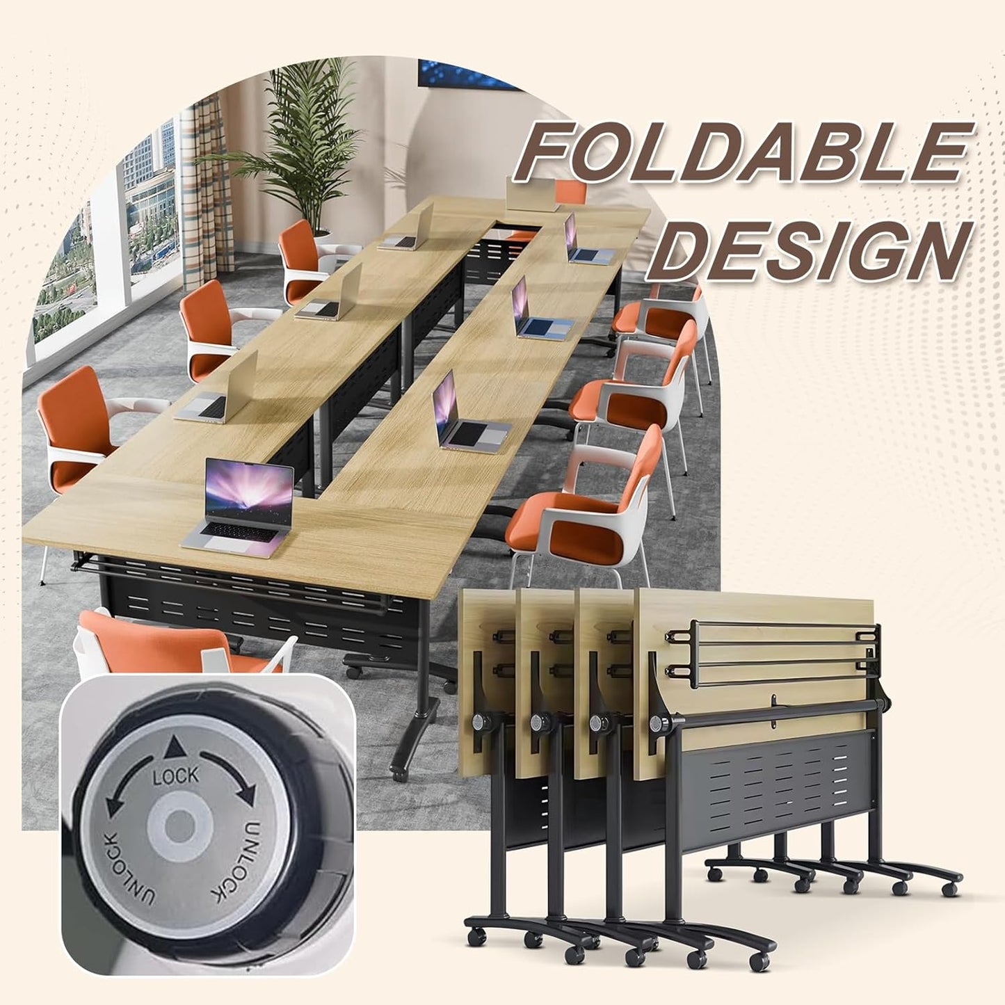 Folding Conference Room Table, Modern Conference Tables with Wheels, Large Rectangular Mobile Training Tables for Office Classroom, Foldable Modular Boardroom Seminar Table Maple (2pack L70.9in)