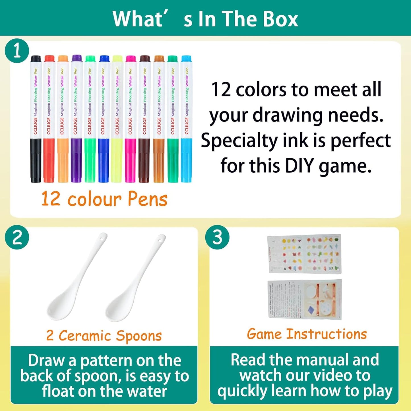 Magical Drawing Pens for Kids Water, Kiddies Create Magical Floating Drawings Bundle, 12 Colors Magic Water Painting Marker Set with 2 Spoons, Water Art Pen Kit for DIY Tattoo, Gifts for Boys & Girls