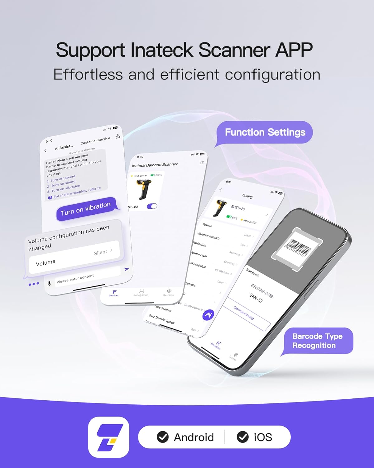 Inateck 2D Barcode Scanner, Wireless Bluetooth QR Barcode Scanner, Handheld Scanner with APP and SDK, 1 Charge for 3 Months, BCST-23