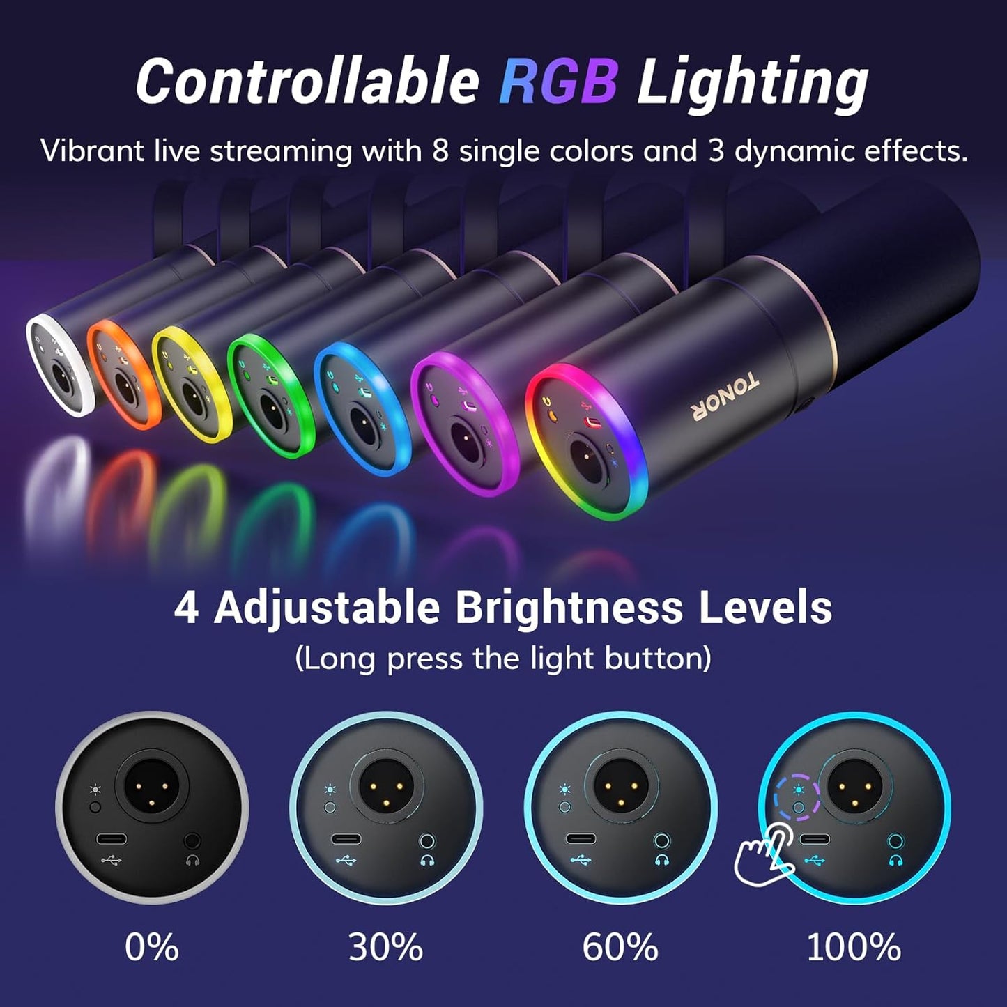 TONOR XLR/USB Gaming Mic, Dynamic Microphone for Podcast Recording Streaming with RGB Light, Mute Button, Headphones Jack, Monitoring, Desktop Stand, Metal Vocal Mic for PC Mac Android PS4/5 TD520S