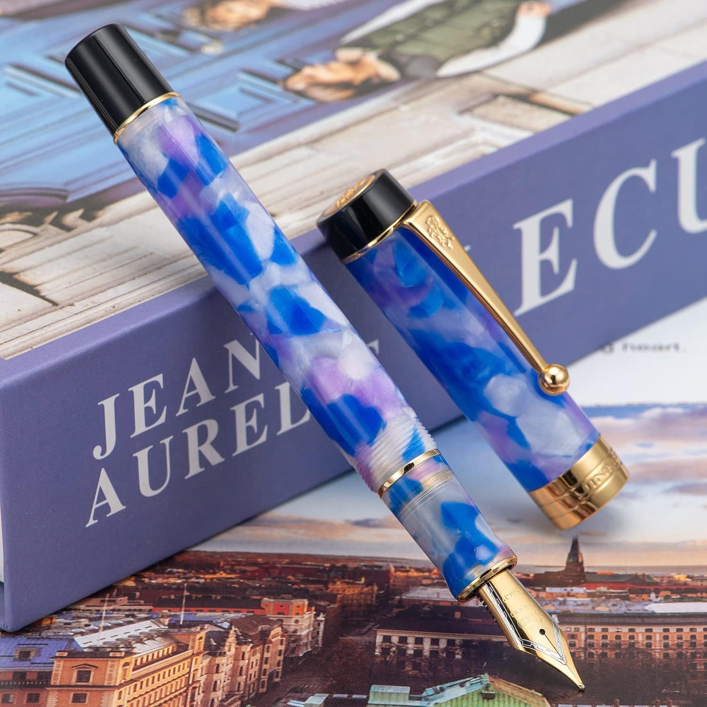 Jinhao 100 Fountain Pen Celluloid Classic Style, #6 Nib Smooth Writing Instrument with Refillable Converter and Pen Case Set