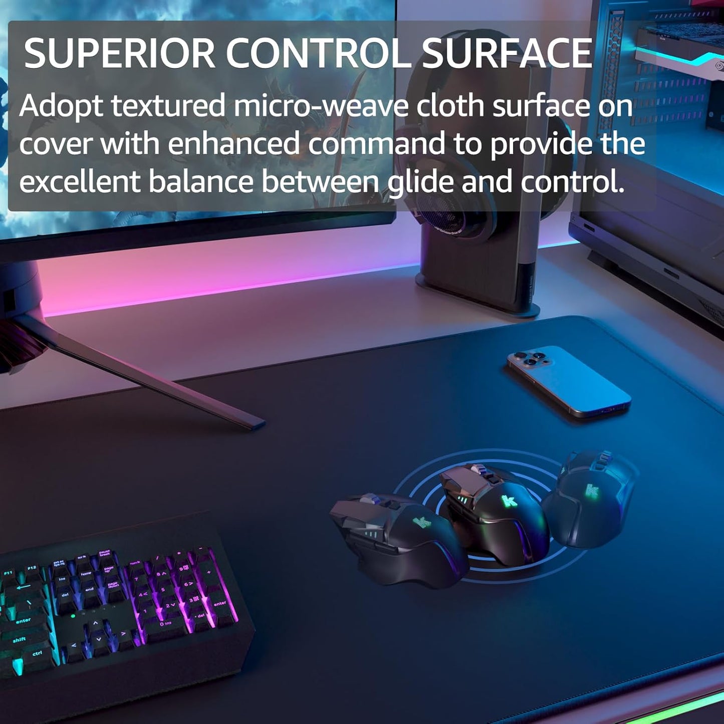 KTRIO Large Gaming Mouse Pad with Stitched Edges, Oversized Mousepad with Superior Micro-Weave Cloth, Non-Slip Base, Water Resist Keyboard Pad, Desk Pad for Gamer, Office & Home, 47.3 x 23.6 in, Black