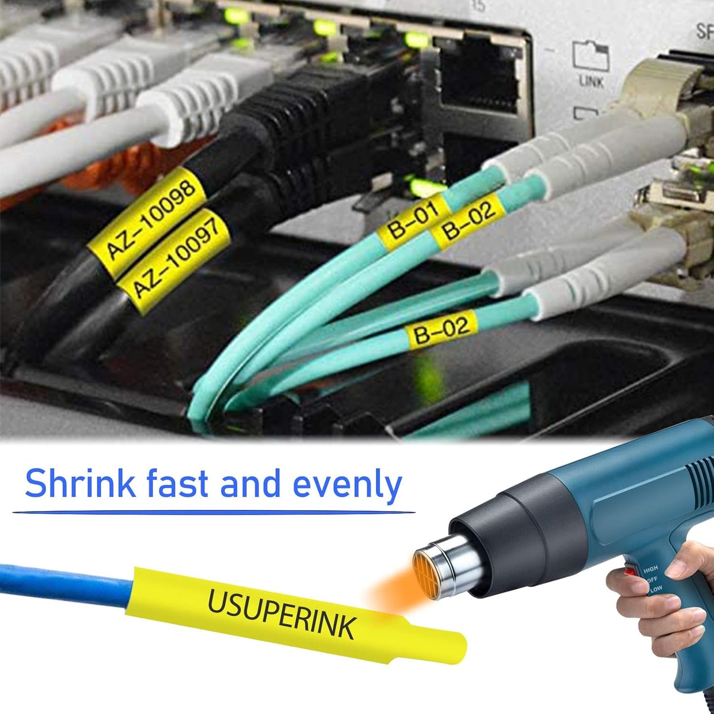 10PK Compatible for Ptouch HSe-621 HSe621 HS-621 HS621 Black on Yellow 8.8mm 0.34'' Heat Shrink Tubing for Wire Cable for PT300 PT-300B PT310 PT310B PT320 Label Maker Tape
