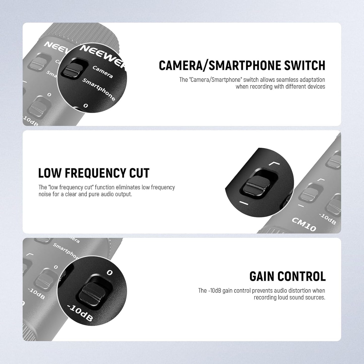NEEWER 3.5mm TRRS Lavalier Lapel Microphone Plug & Play Mini Clip on Mic Omnidirectional Condenser for Camera Phone PC, Low Frequency Cut, Gain Control, Monitoring Headphone Jack, CM10