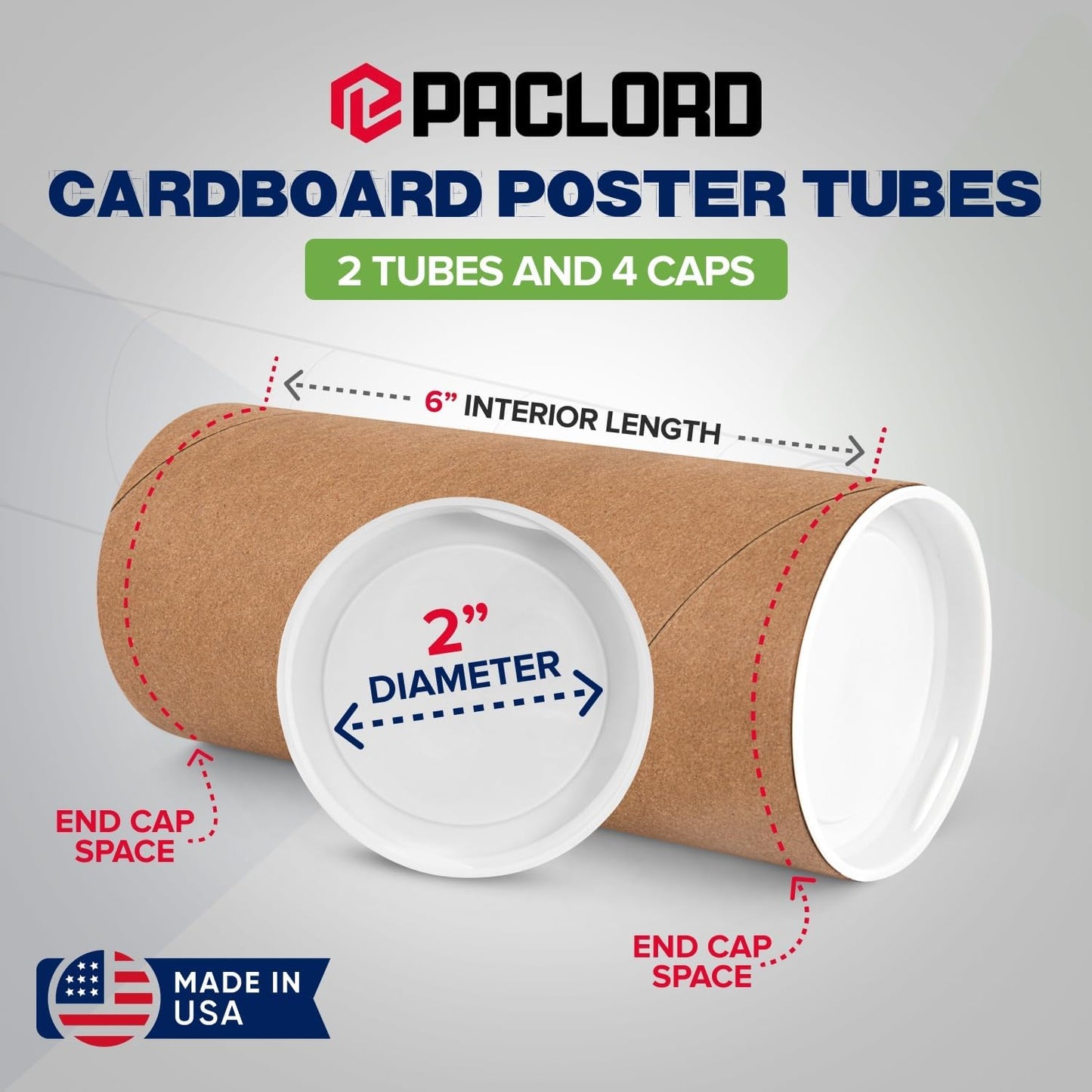 2" x 6" Reinforced Kraft Paper Mailing Tubes, Pack of 2 Tubes with 2 Caps Each – USPS Approved Poster Tube – Made in USA Cardboard Tube for Shipping and Storing Posters, Prints, Artwork, or Documents