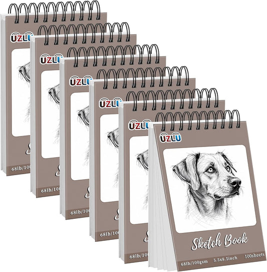 6 Pcs Sketch Book Bulk 5.5 x 8.5 In,600 Sheets Total Drawing Paper Pad Top Spiral Bound Sketch Pad Mixed Media Sketchbook 68lb/100gsm Thick Paper Acid Free Art Supplies for Kid Adult Painting Beginner Artist