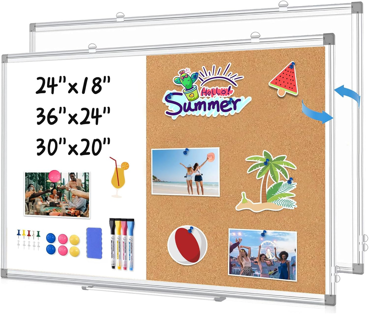 WALGLASS Combination Magnetic Whiteboard & Corkboard, 36"x24" Combo for School, Office & Home, Dry Erase Board with Removable Tray, Pins, Eraser, Markers & Magnets