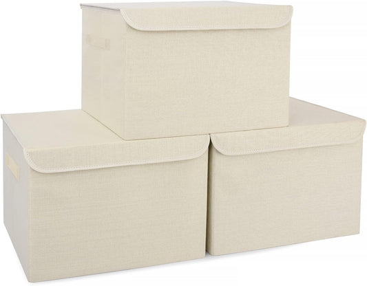 Large 42 Quarts Collapsible Stackable Storage Bins Cube with Lids [3-Pack] Foldable Fabric Linen Storage Boxes, Closet Organizer Baskets with Label for Home (16.7 x 12 x 12", Beige)