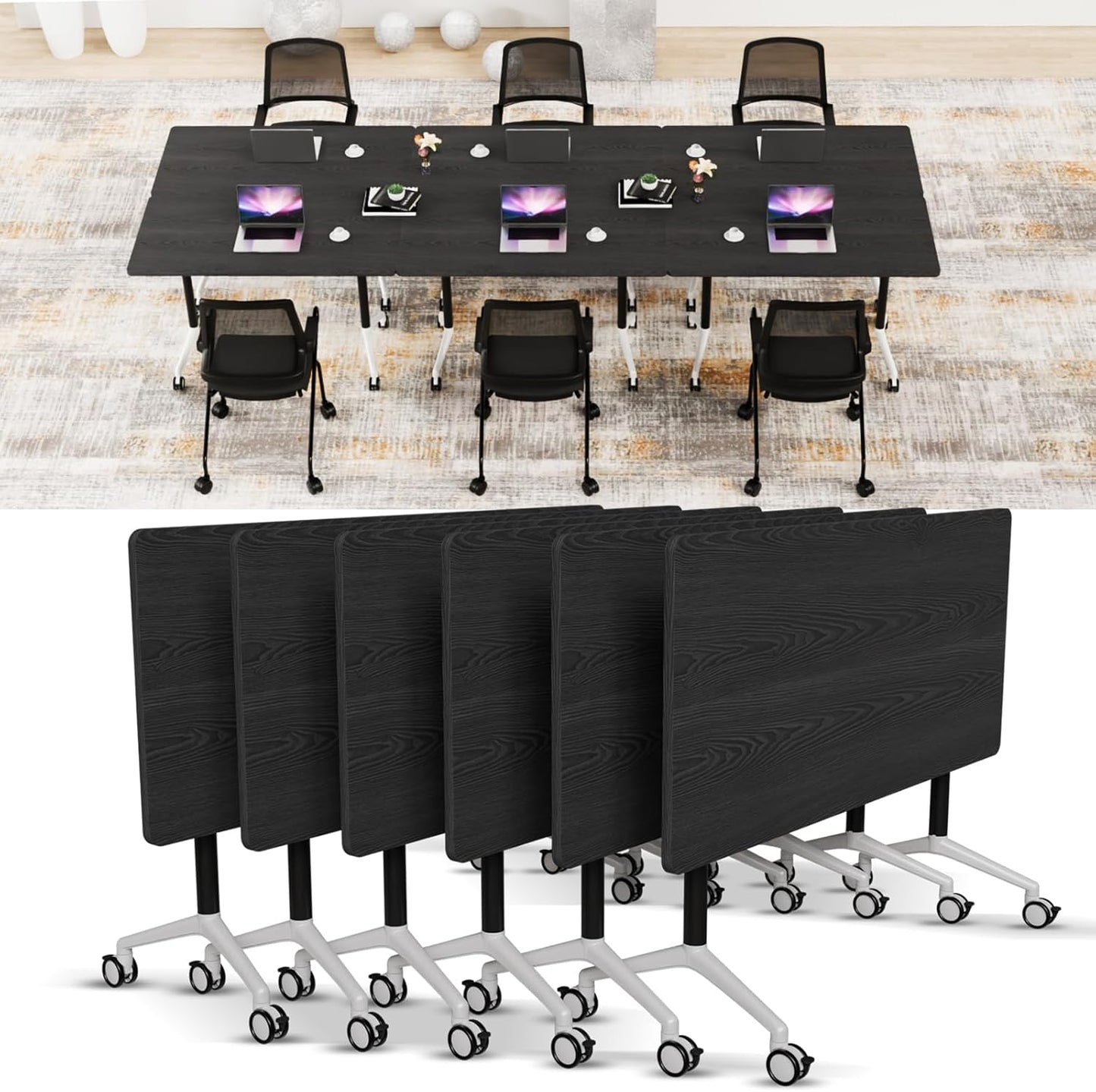 Conference Room Table with Flip-Top Design for Dynamic Meetings, Business Table Computer Desk with Heavy-Duty Frame,Foldable Seminar Meeting Tables for Home Office (6, F, 55.1IN)