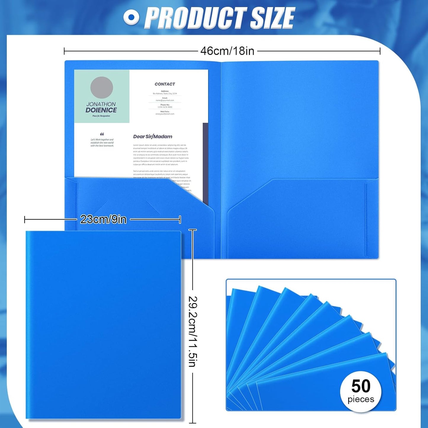 Gueevin 50 Pcs Plastic Folders with Pockets, Back to School Two Pocket Folder Fit Letter Size, Heavy Duty School Business Card Holder for Home Office, 11. 61 x 9. 45 Inches (Blue)