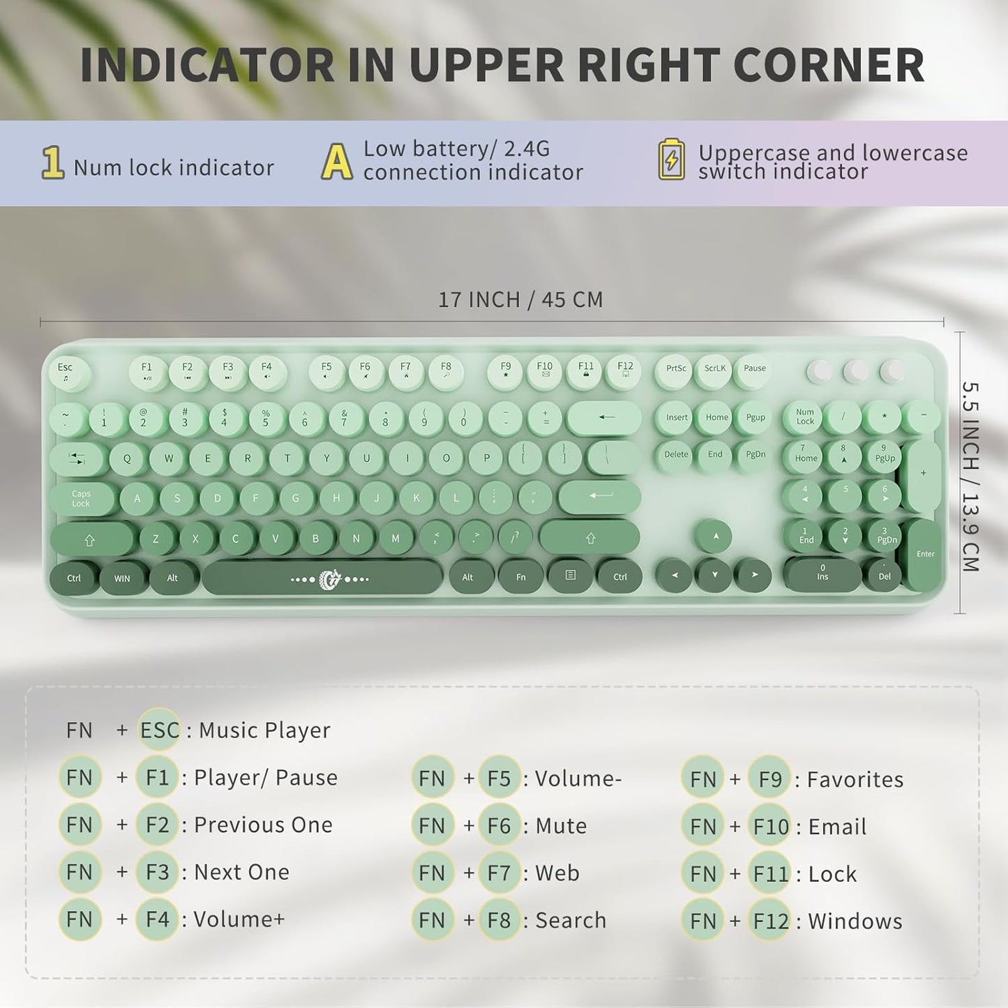 FOPETT Wireless Keyboard and Mouse Combo, 104 Keys Full-Sized 2.4 GHz Round Keycap Colorful Keyboards, USB Receiver Plug and Play, for Windows, Mac, PC, Laptop, Desktop (GradientGreen)