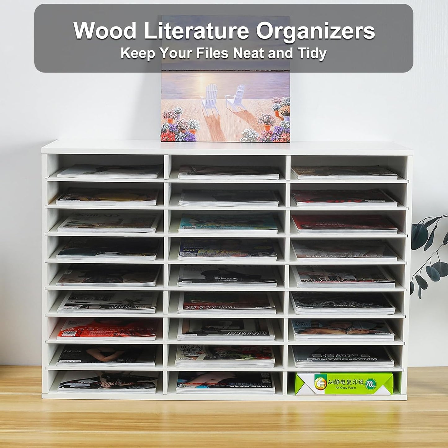 PAG Mail Sorter Organizer, Wood Literature Organizer, Student Mailbox for Classroom, Desktop Bill Paper Organizer for Office Home School, 27 Compartments, White