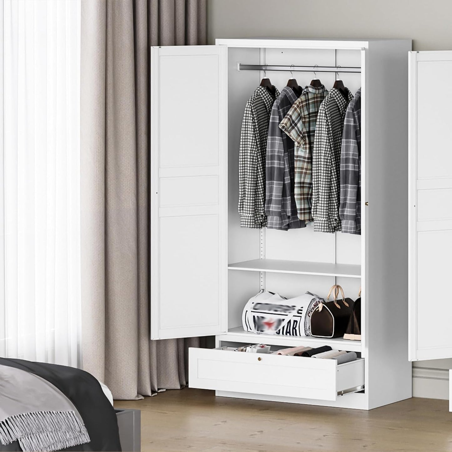 MIIIKO Wardrobe Closet with Drawer, 2 Doors Clothes Cabinet, 72" Metal Storage Cabinets with Hanging Rod, Bedroom Armoires Laundry Room and Office Clothes Storage Organizer Cabinets