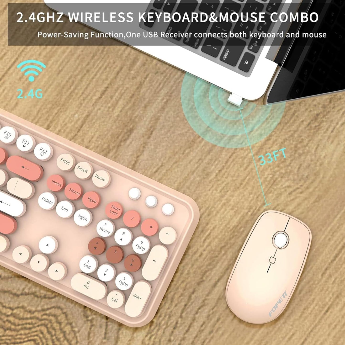 FD Wireless Keyboard and Mouse Combo | Cute Colorful Keyboard and Mouse with 2.4GHz Cordless Retro Typewriter Keyboard | Auto-Sleep | USB Receiver for Windows PC/Laptop - Creamy Colorful