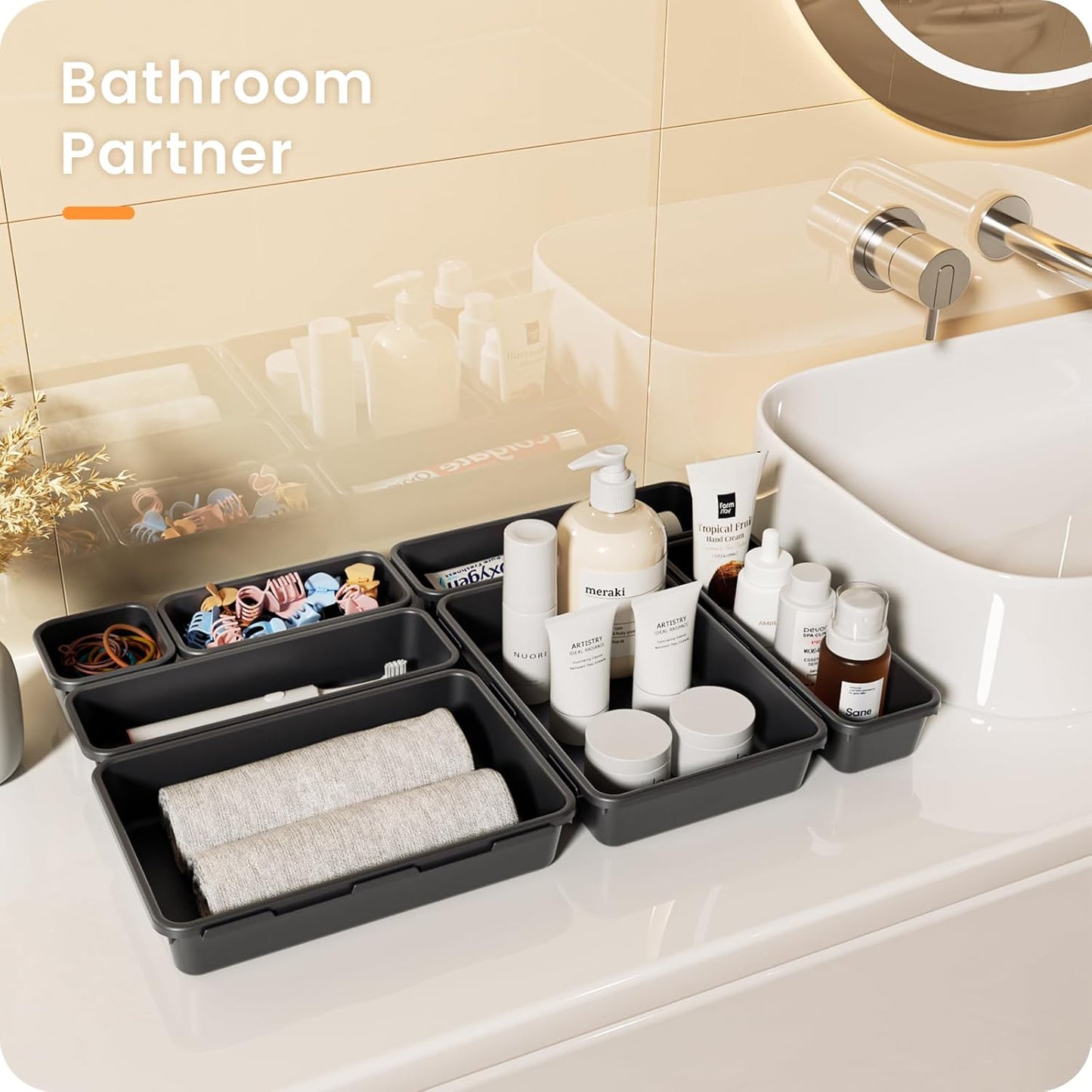 【28PCS】A-LUGEI Drawer Organizer, Bathroom Organizers and Storage, Makeup organizer, Desk drawer organizer, Storage Bins for Kitchen Office Bedroom Vanity Jewelry Pantry Garage【Black】【4Size】