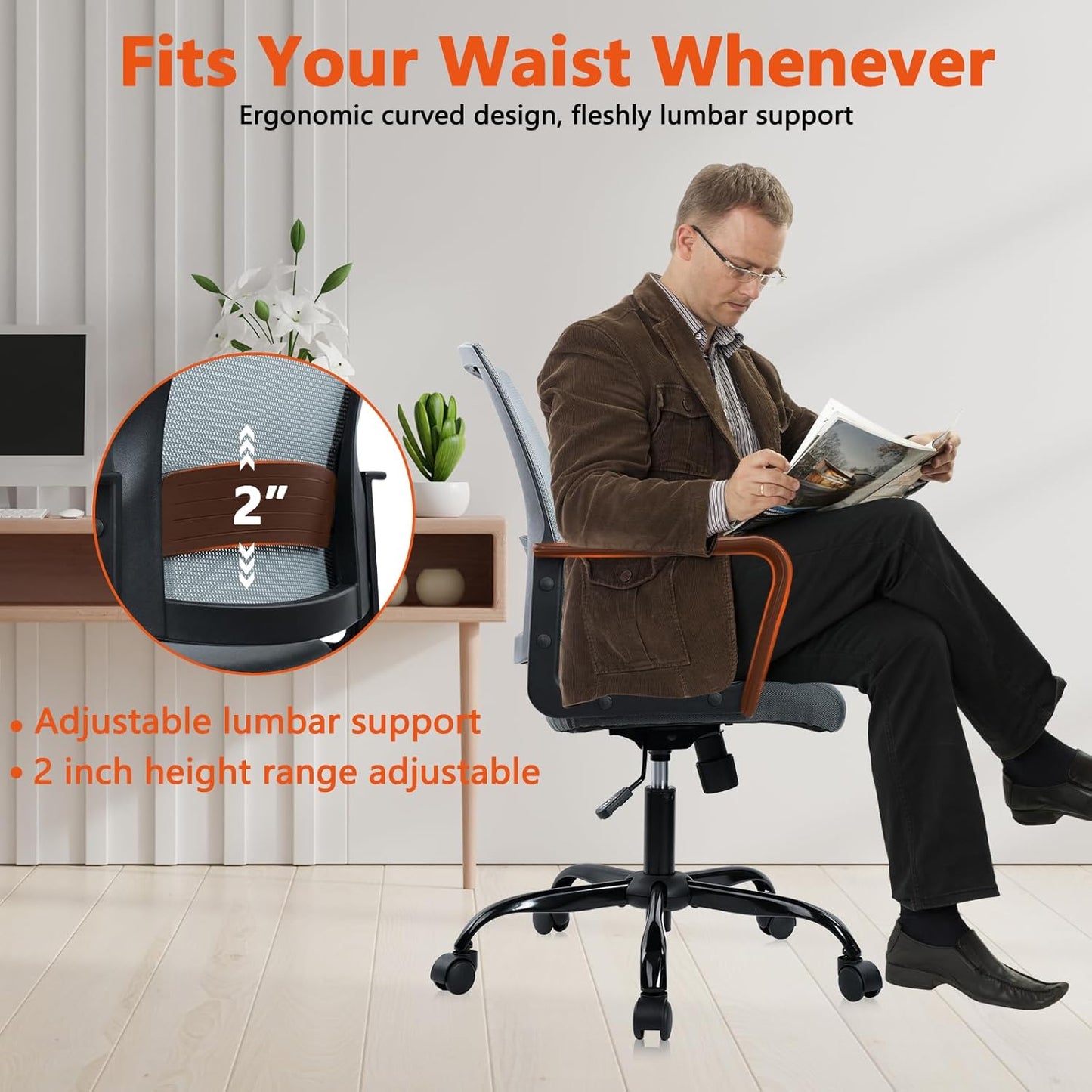 CLATINA Ergonomic Office Desk Chair - Mesh Office Chair with Adjustable Lumbar Support, Rolling Comfortable Computer Task Chairs with Arms for Home Conference-Gray