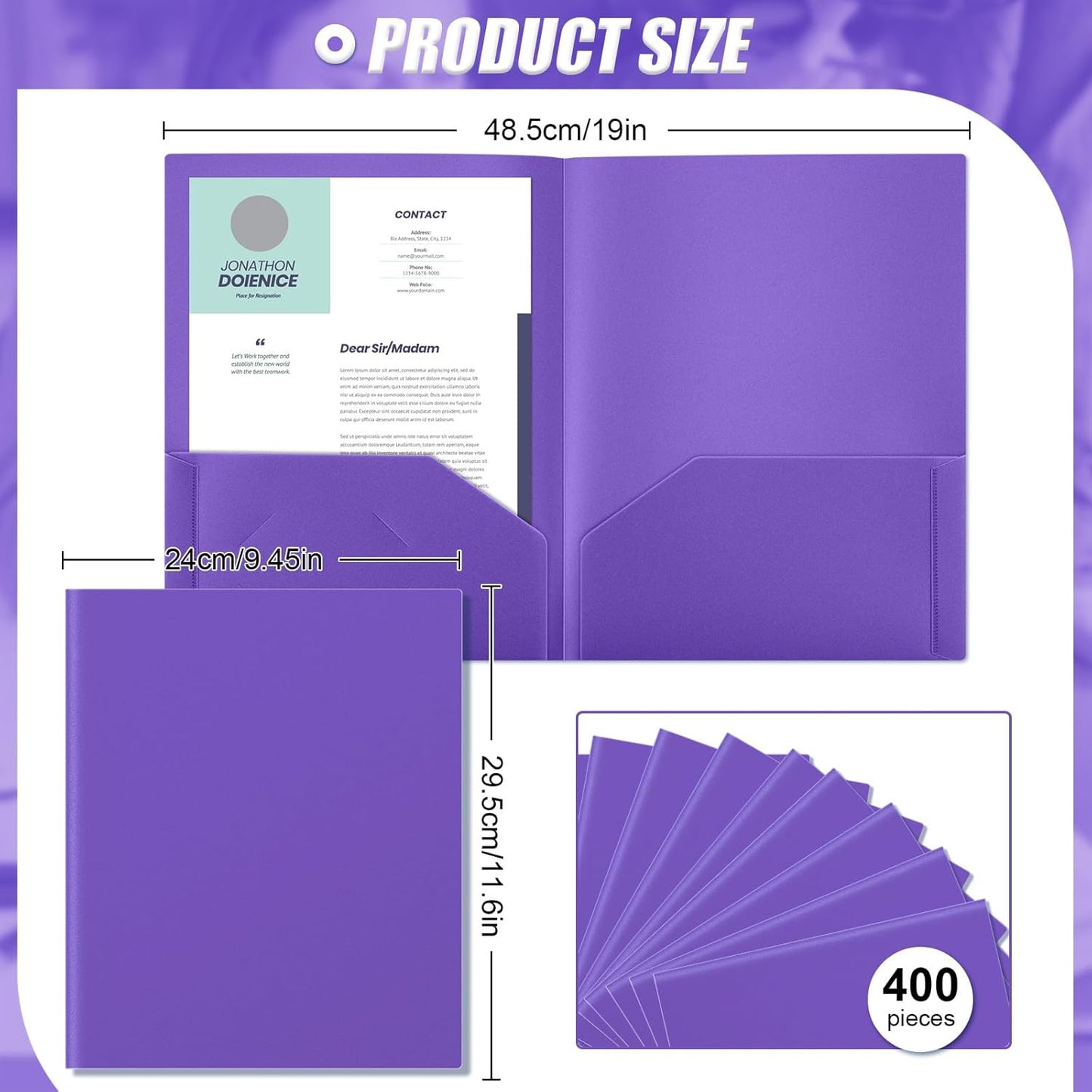 Gueevin 400 Pcs Two Pocket Folders Bulk Plastic File Folder with 2 Pockets Letter Size Paper Heavy Duty Durable Portfolios Case for Home Office School Business 11.61 x 9.45 Inch (Purple)