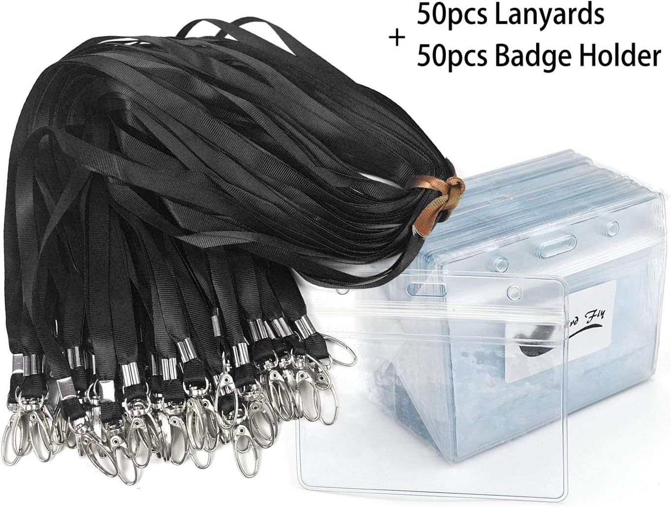 Lanyard with ID Holder 50 Pcs Waterproof Name Tag Horizontal Badge ID Card Holders ID Pass Holder and 50 Pcs Flat Neck Black Lanyards Swivel Hook