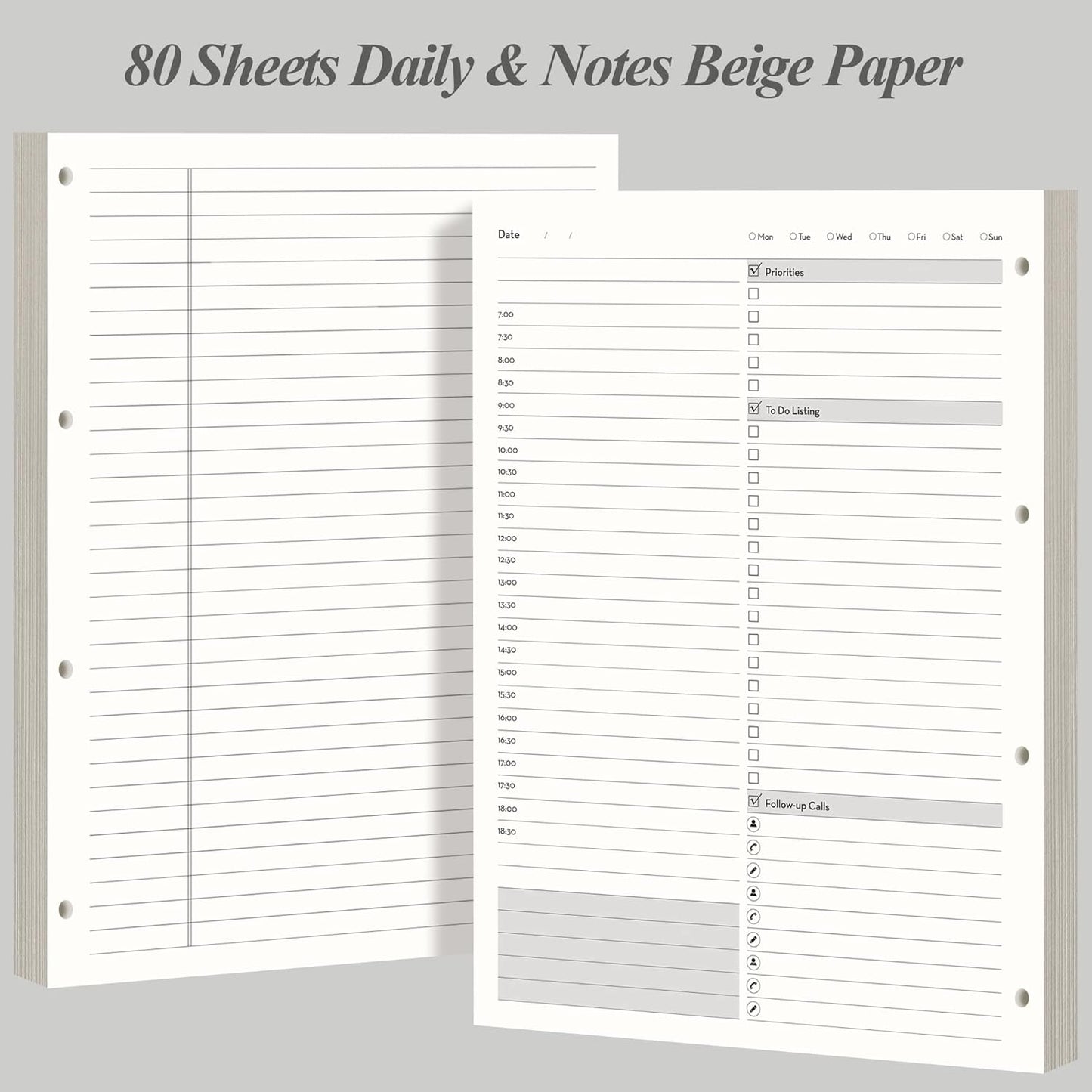EMSHOI Daily Planner Refill 8.5" X 11", 80 Sheets, 160 Pages A4 4-Ring Binder Planner Inserts, Thick Cream Color Refill Paper, 100 GSM Loose Leaf, A4 Paper Refills with Gift Box