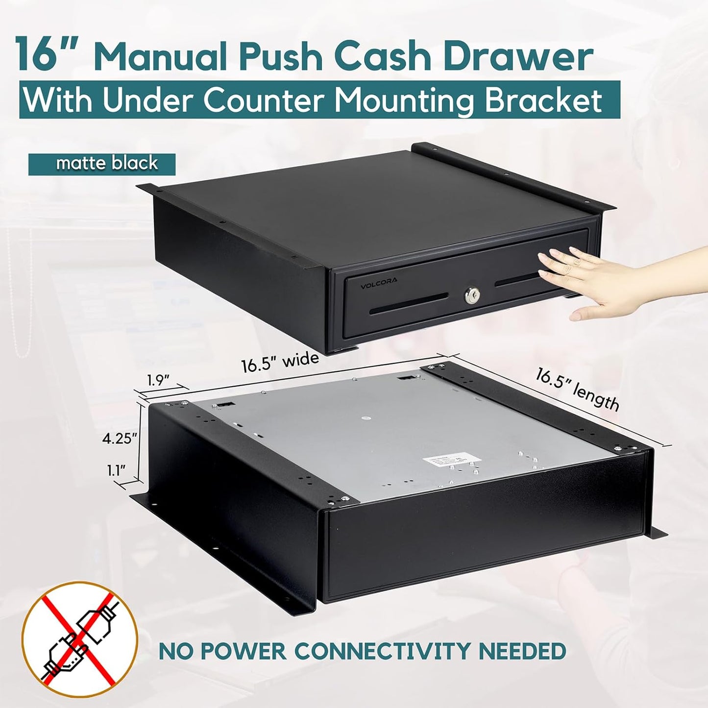 Volcora Manual Push Open Cash Register Drawer with Under Counter Mounting Metal Bracket - 16" Black Front Touch Panel Cash Drawer for POS, Fully Removable 5 Bill 8 Coin Tray, Key-Lock