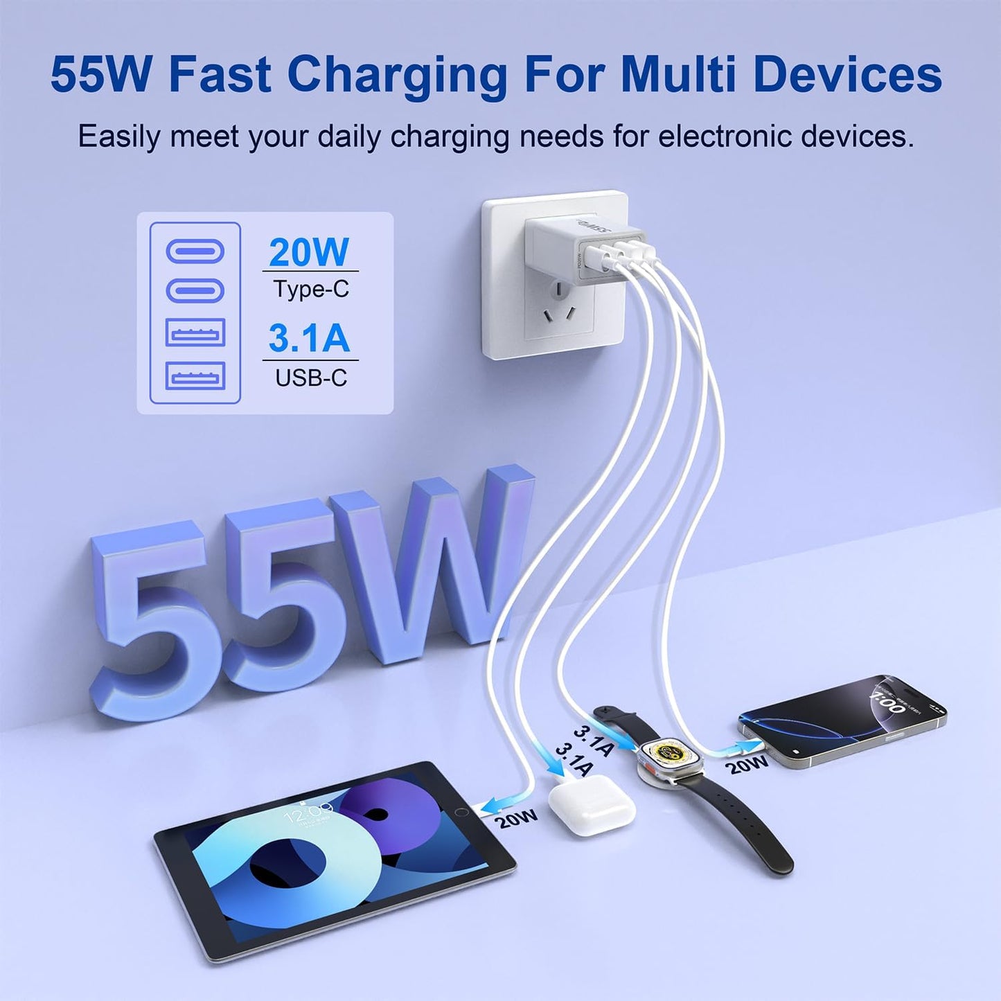 2 Pack USB C Charger Block, 55W 4-Port USB C Fast Wall Charger Dual Port QC + PD 3.0 Power Adapter, Multiport Type C Charging Brick with Lightning Cable for iPhone 16 15 14 13 12 11 Pro Max XS,Samsung