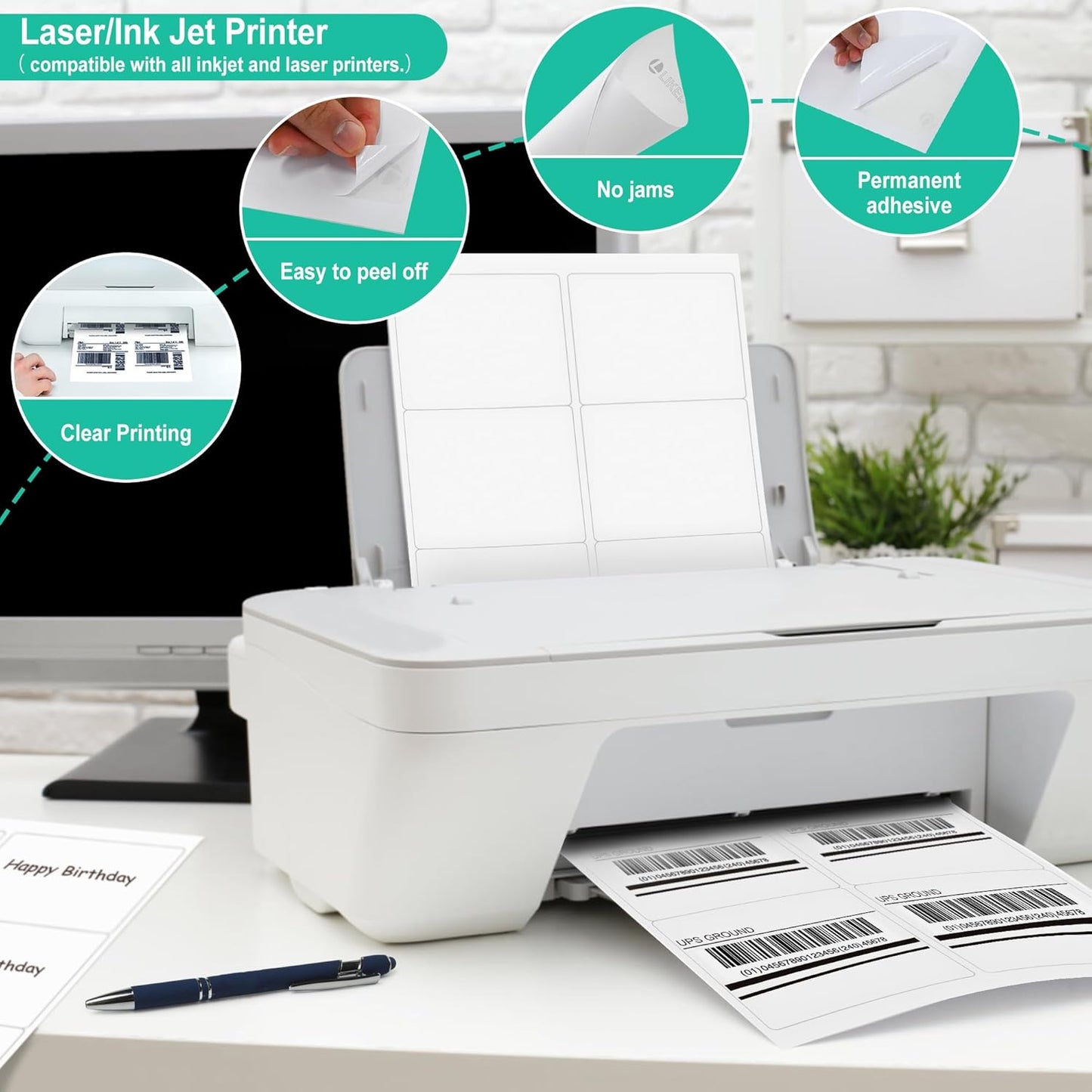 L LIKED 3-1/3" x 4" Shipping Labels 30 Sheets, Total 180 Printable White Sticker Labels, Laser/Inkjet Printing - Matte