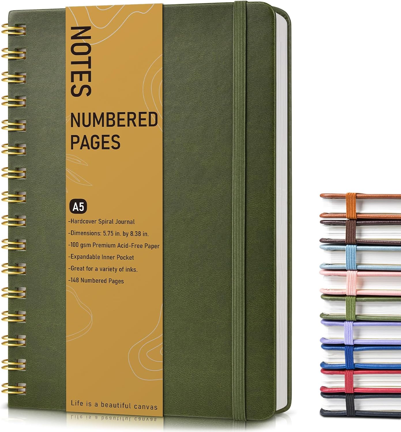Lined Spiral Journal Notebook, A5 Hardcover Spiral Journals for Women Men, 150 Numbered Pages Spiral Bound Notebook, 100 GSM College Ruled Notebooks for Work, Note Taking 5.75" x 8.38", Olive Green