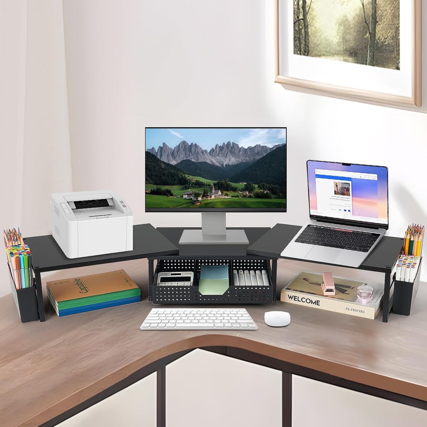 Desk Dual Monitor Stand Riser - Desk Organizer with Drawer and Pen Holders, Office Desk Accessories & Workspace Organization, Computer Monitor Stand for Laptop, Printer, TV(BLACK)