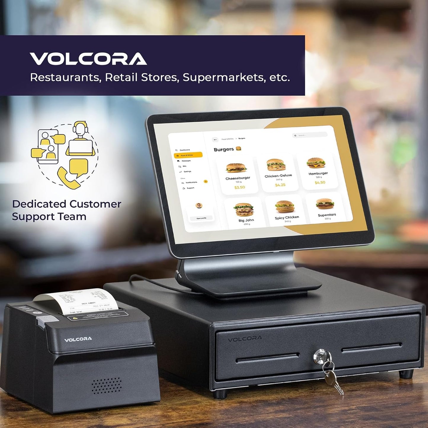Volcora 13" POS Cash Register Drawer, 4 Bill 6 Coin Tray, Removable Coin Compartment, 24V RJ11/RJ12 Key-Lock, Media Slot, Black – Ideal for Small Businesses