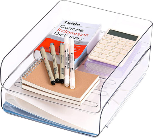2 Pack Stackable Paper Tray, Acrylic File Organizer for Desk, Office Organizer and Storage for Desk Accessories, Notes, Books, File Paper, Document