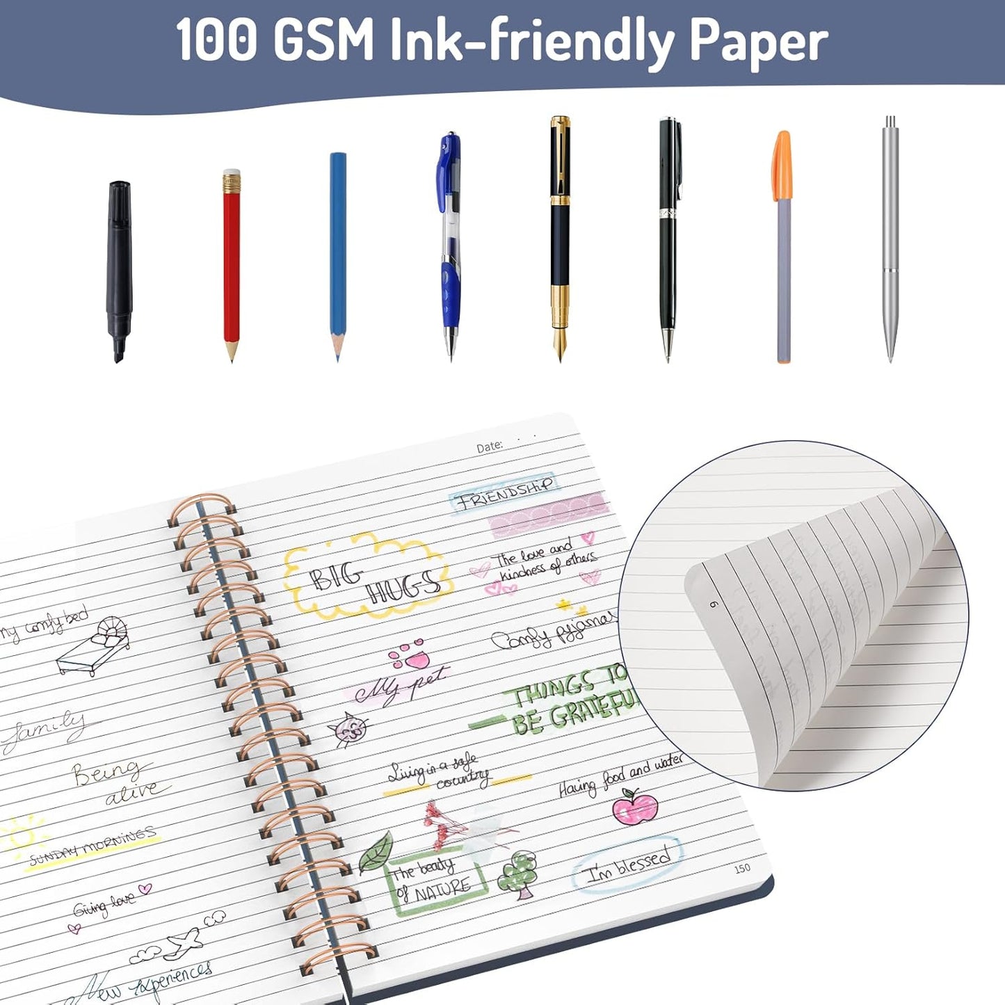 Forvencer Lined Spiral Journal Notebook with 300 Numbered Pages, B5 College Ruled Thick Journals for Writing with 100GSM Paper, Hardcover Notebooks with Contents for Work, School, Women, Men, Navy