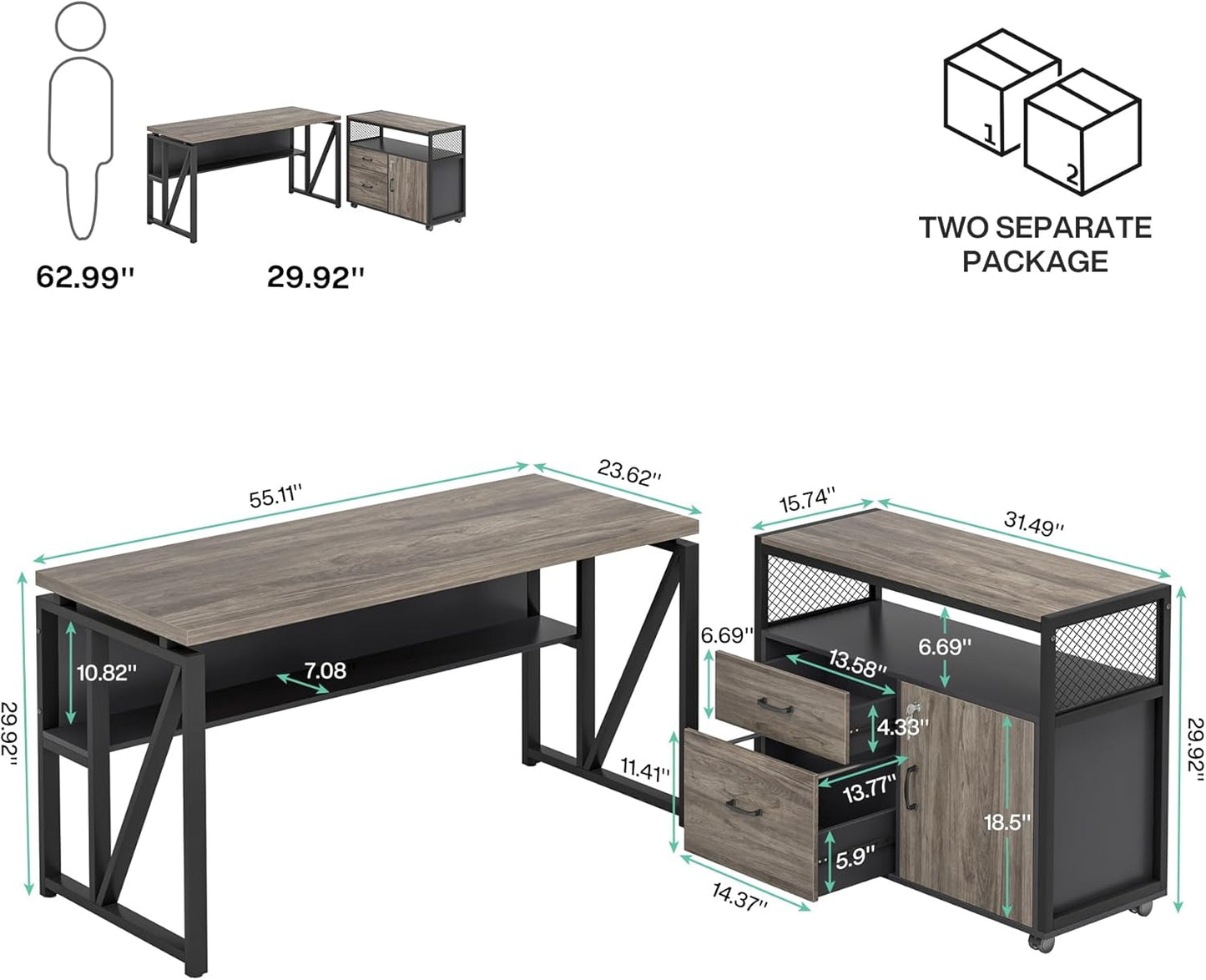 Tribesigns L Shaped Desk with Drawer Cabinet, 55" Executive Computer Desk and lateral File Cabinet, 2 Piece Home Office Furniture with Drawers for Hanging File, Doors with Locks (Gray, 55 inches)