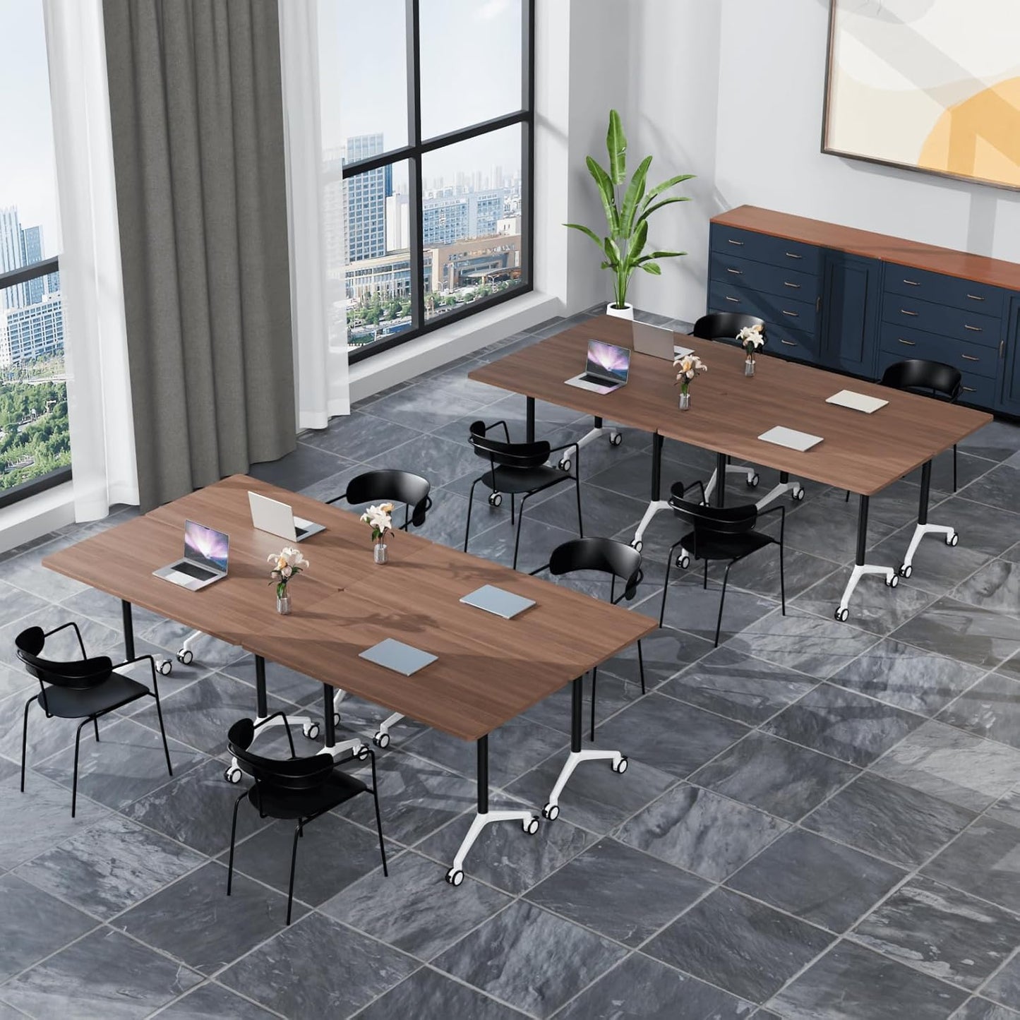 Folding Conference Table, Modern Large Conference Room Tables with Flip-Top Design, Foldable Conference Table Meeting Table with Wheels, Mobile Seminar Training Tables for Office Classroom (4, Brown)