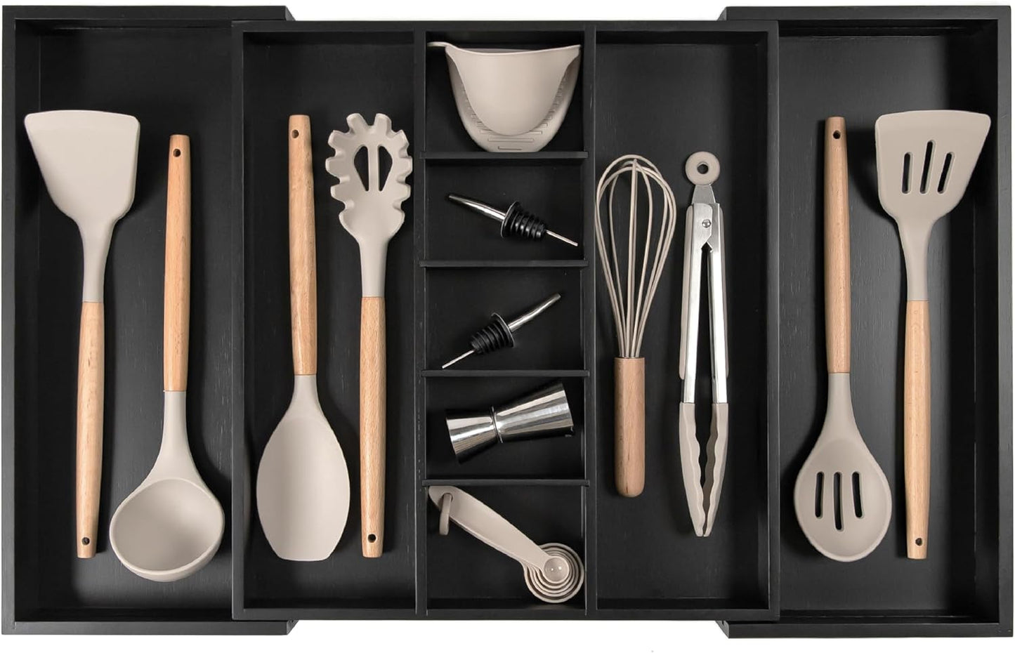 Adjustable Kitchen Drawer Organizer for Utensils and Junk, Food-Safe Contract Grade with 100% Sustainable Wood, Expandable from 16 to 28 Inches Wide - Black Bamboo