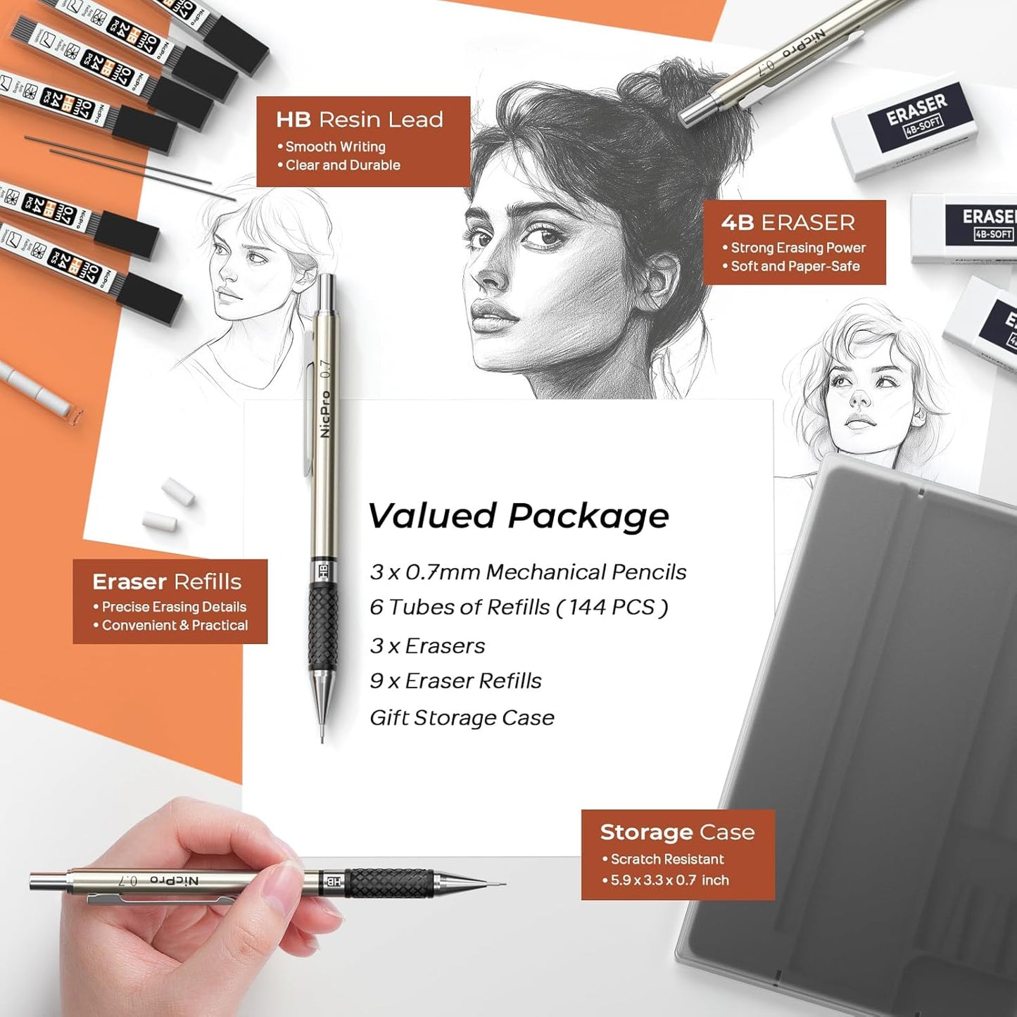 Nicpro 0.7 mm Art Mechanical Pencil Set in Storage Case, 3 PCS Metal Drafting Pencil Lead Pencil with 6 Tube HB Lead Refills, 3 Erasers, 9 PCS Eraser Refills for Artist Writing, Drawing, Sketching