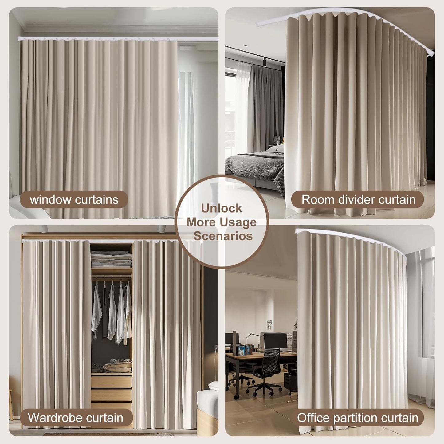 Room Divider Curtains & Flexible Bendable Tracks Set,Privacy Dividers Ceiling Track Curtain Window Blackout Curtains for Living Room Bedroom (W180 × H108 In 1 Panel Beige Drape & White Rail)