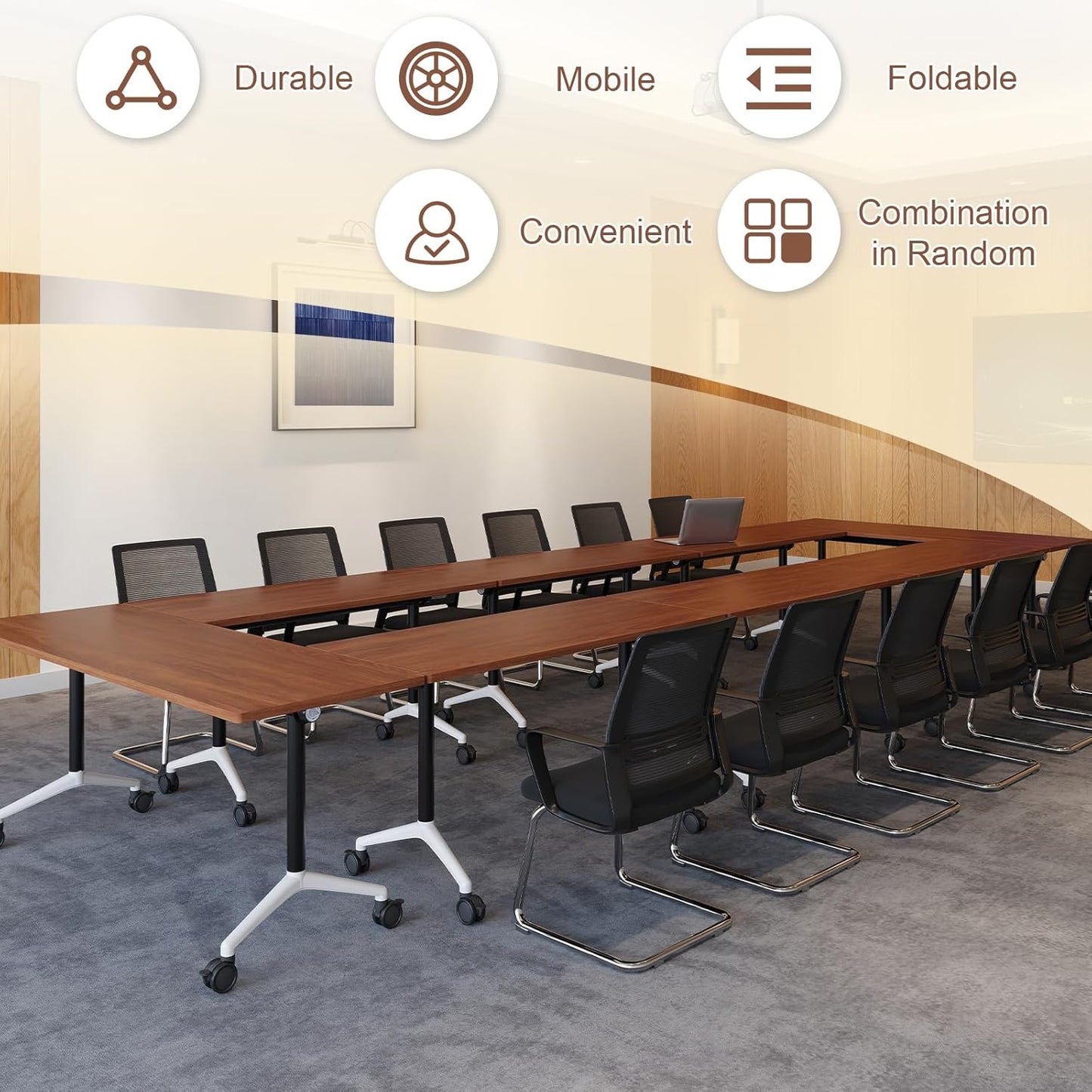 Folding Conference Room Table, Modern Conference Tables with Wheels, Large Rectangular Mobile Training Tables for Office Classroom, Foldable Modular Boardroom Seminar Table (10pack L70.9in)
