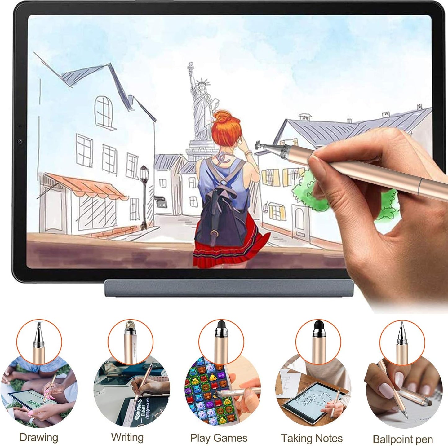 Penyeah Stylus pens for Touch Screens - [4-in-1] High Sensitivity and Precision Touch Screen Stylus Disc Tip,Black Rubber Tip & Mesh Fiber Tip Universal for All Capacitive Touch Screen Device (Gold)