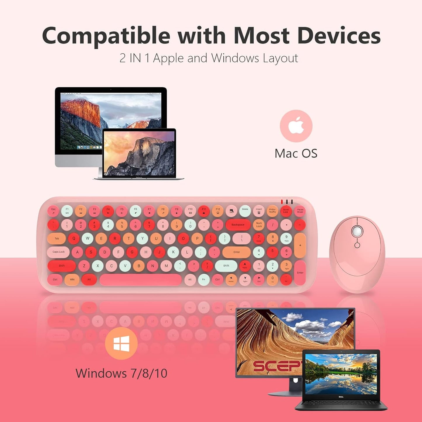 Wireless Keyboard and Mouse Combo, MOWUX - Modern Compact Layout, Colorful Compact Candy Mouse and Retro Round Keyboard Set with Cover, for PC/Laptop/Windows/Mac - Pink Colorful