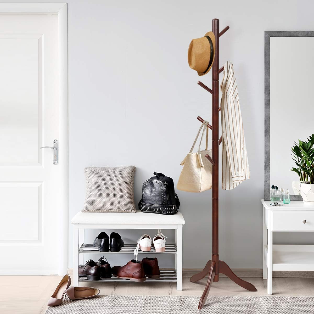 Tangkula Wooden Tree Coat Rack Freestanding, Entryway Coat Stand with 8 Hooks, Height Adjustable Coat Tree, Rubber Wood Coat Hanger Stand for Home Office Hall Entryway