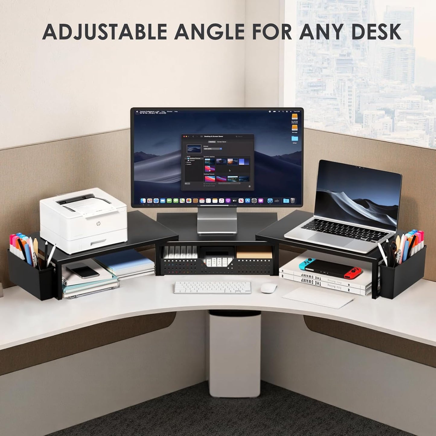 Desk Organizers and Accessories, Dual Monitor Stand Riser with Drawer and 2 Pen Holders, Desk Shelf Metal Computer Monitor Stand for Office Workspace Organizers, Desktop Organization (Black)