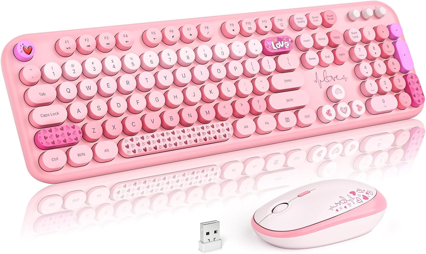 MOFII Wireless Keyboard and Mouse Combo, 2.4GHz Retro Typewriter Keyboard Full Size, Quiet Click Mouse for PC, Laptop, Desktop, Computer, Windows (Pale Pink)