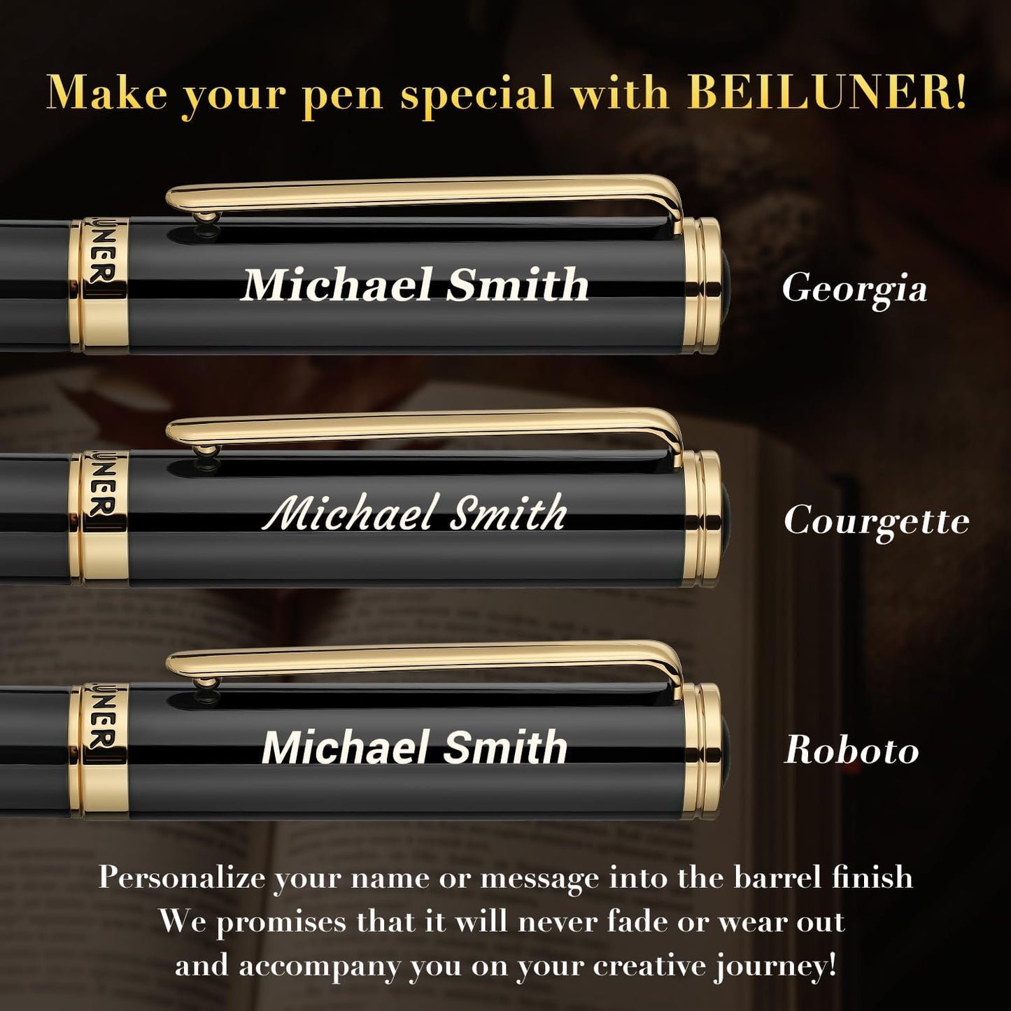 BEILUNER Silver Chrome Fountain Pen,Stunning Luxury Pens with 24K Gold Accents, Gorgeous 24K Gilded Nib(Fine) (Fine Nib,Black with Gold (Personalized))